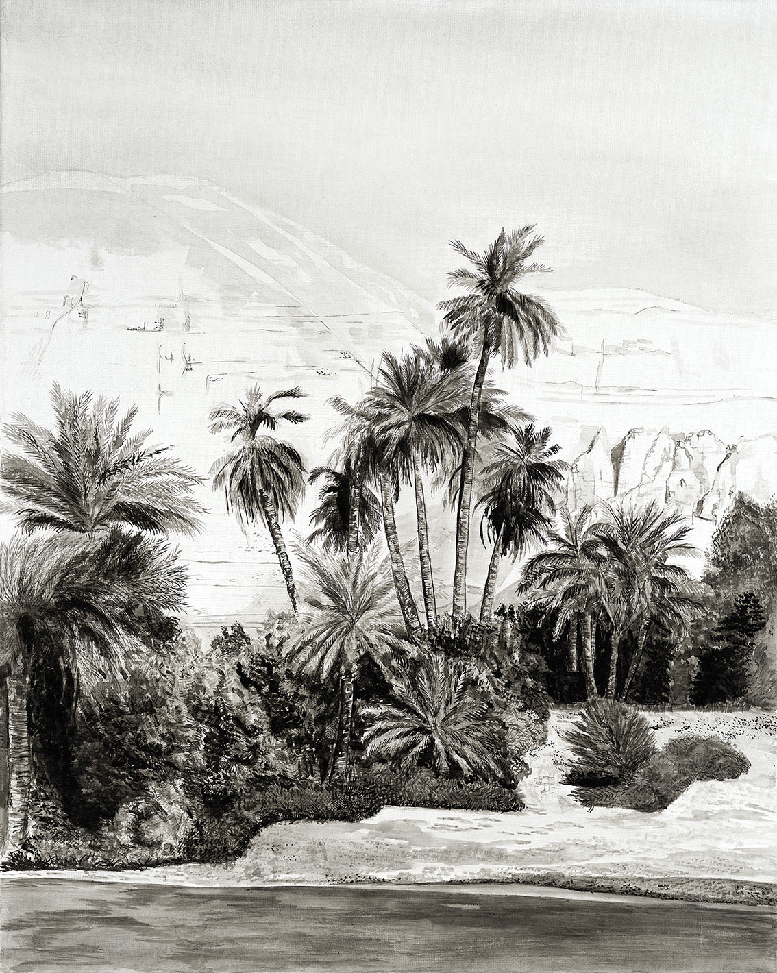 Papier peint panoramique Nil River d’Amélie Noel représentant un paysage luxuriant de palmiers en noir, gris et blanc.