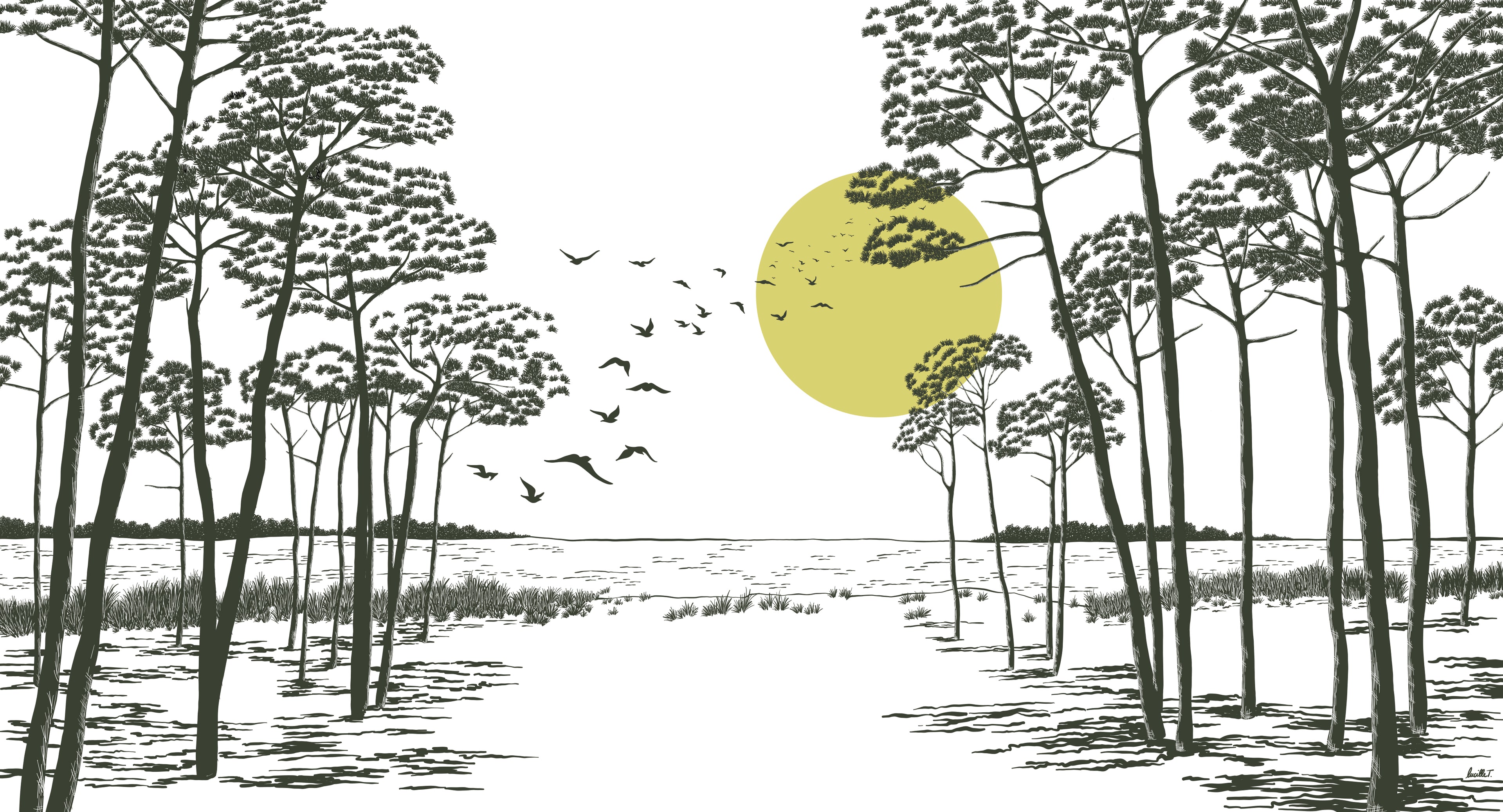 Papier peint panoramique Ombre des Pins de Lucille T représentant une forêt de pins maritimes avec un soleil jaune et un horizon lumineux.