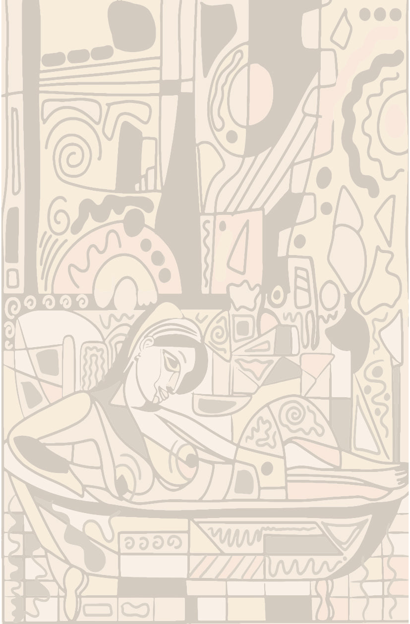 Papier peint panoramique Ondes Silencieuses de Zontone représentant une femme aux yeux clos entourée de motifs géométriques et abstraits en camaïeu de beige.