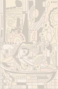 Papier peint panoramique Ondes Silencieuses de Zontone représentant une femme aux yeux clos entourée de motifs géométriques et abstraits en camaïeu de beige.