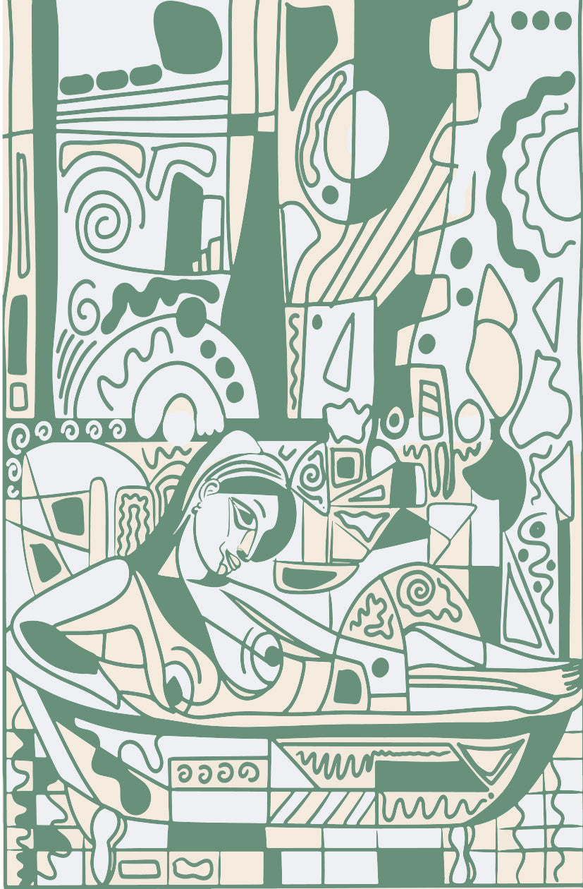 Papier peint panoramique Ondes Silencieuses de Zontone représentant une femme aux yeux clos entourée de motifs géométriques et abstraits en camaïeu de vert.