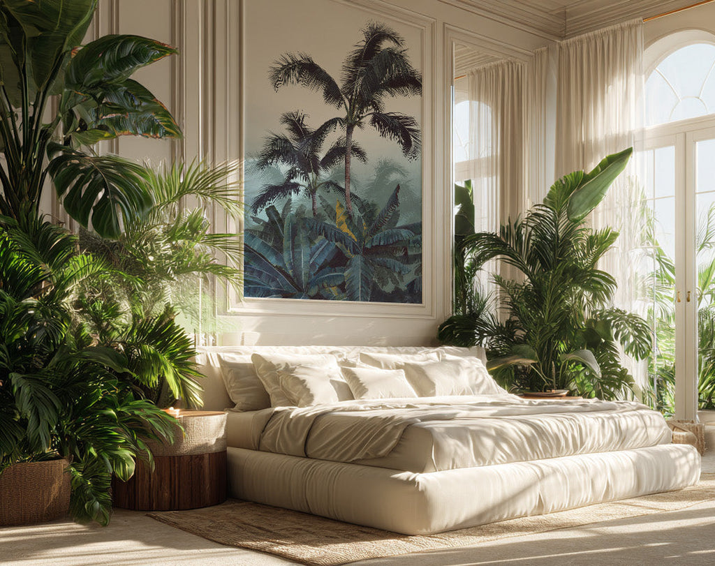 Papier peint panoramique Palm Trees bleu installé dans une chambre contemporaine.