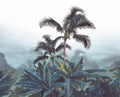 Papier peint panoramique Palm Trees d'Amélie Noel représentant une végétation luxuriante et des palmiers dans des nuances bleues.