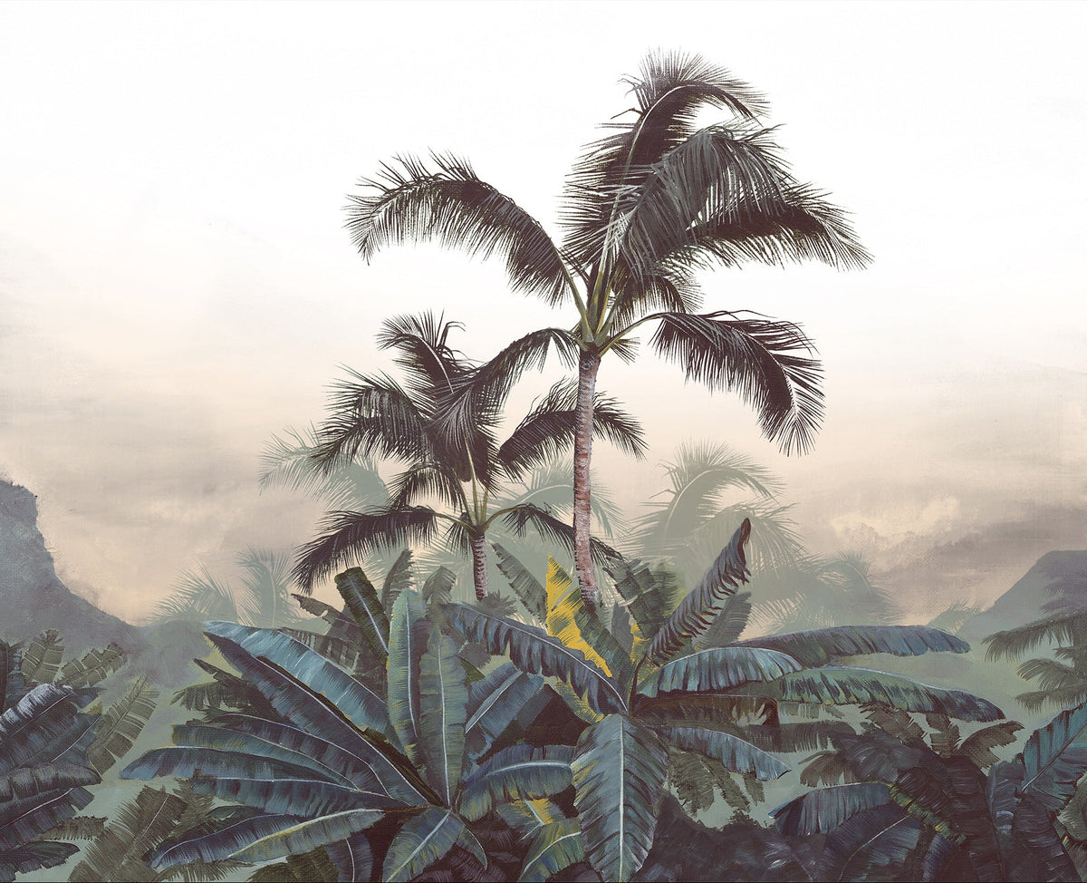 Papier peint Palm Trees d'Amélie Noel représentant une végétation luxuriante et des palmiers dans des nuances jaunes.