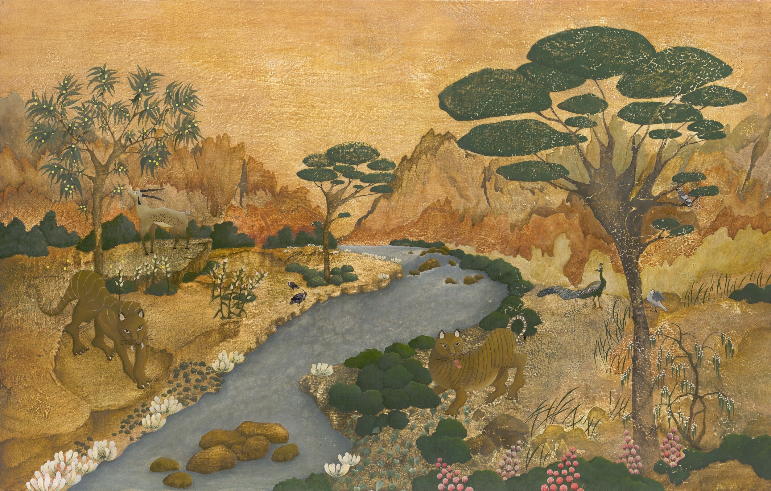 Papier peint panoramique Paradis moghol de Graffito représentant un jardin oriental luxuriant avec oiseaux, félins et végétation.