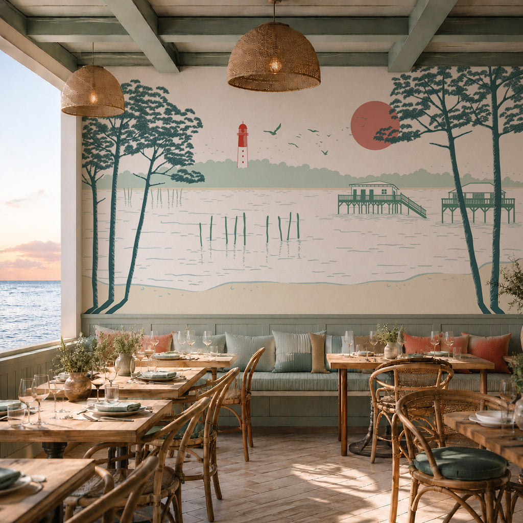Papier peint panoramique Brise sur le Bassin installé dans un restaurant lumineux.