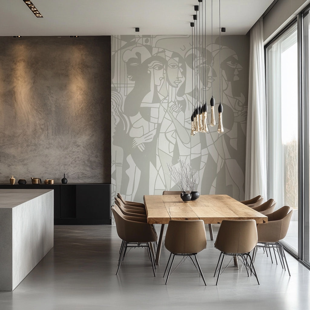 Papier peint panoramique Mosaïque humaine gris installé dans une salle à manger lumineuse. 
