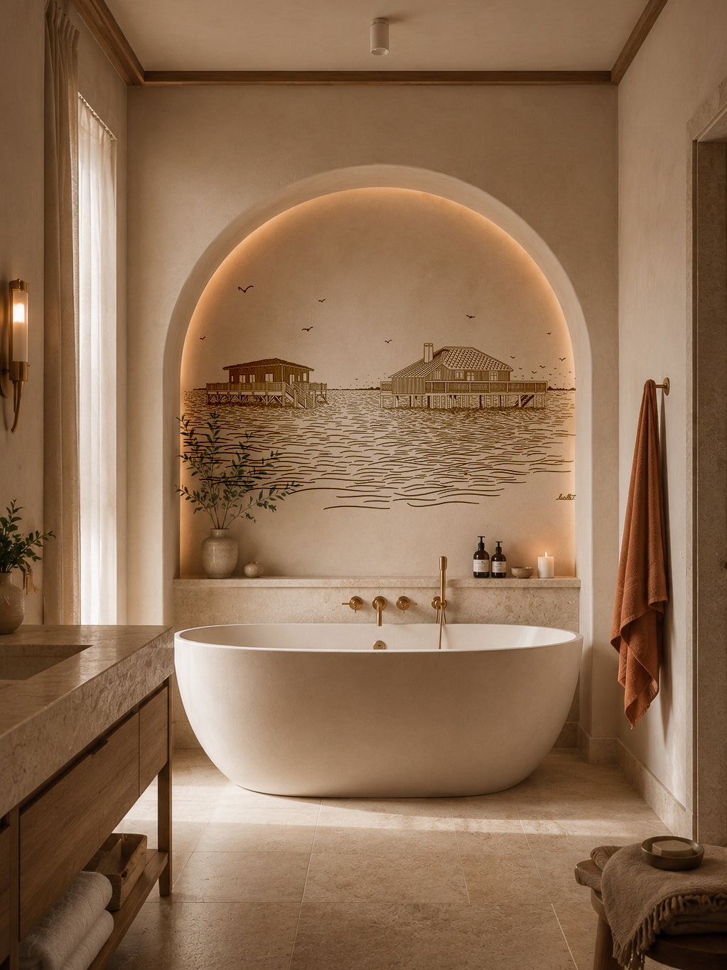 Papier peint panoramique Cabanes Tchanquées installé dans une salle de bain lumineuse.