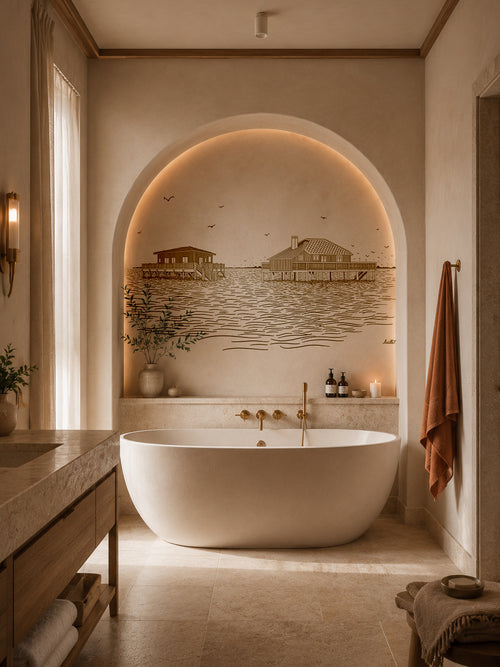Papier peint panoramique Cabanes Tchanquées installé dans une salle de bain lumineuse.