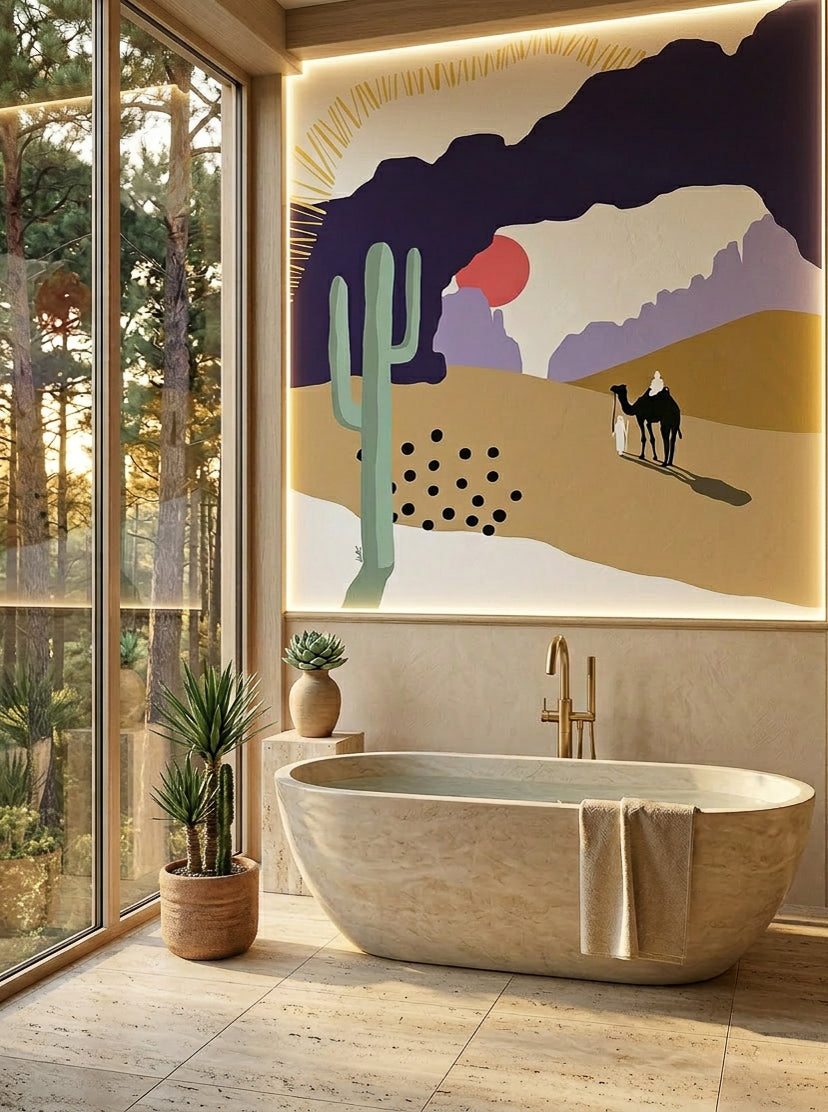 Papier peint panoramique Soleil couchant sur Canyon installé dans une salle de bain contemporaine.
