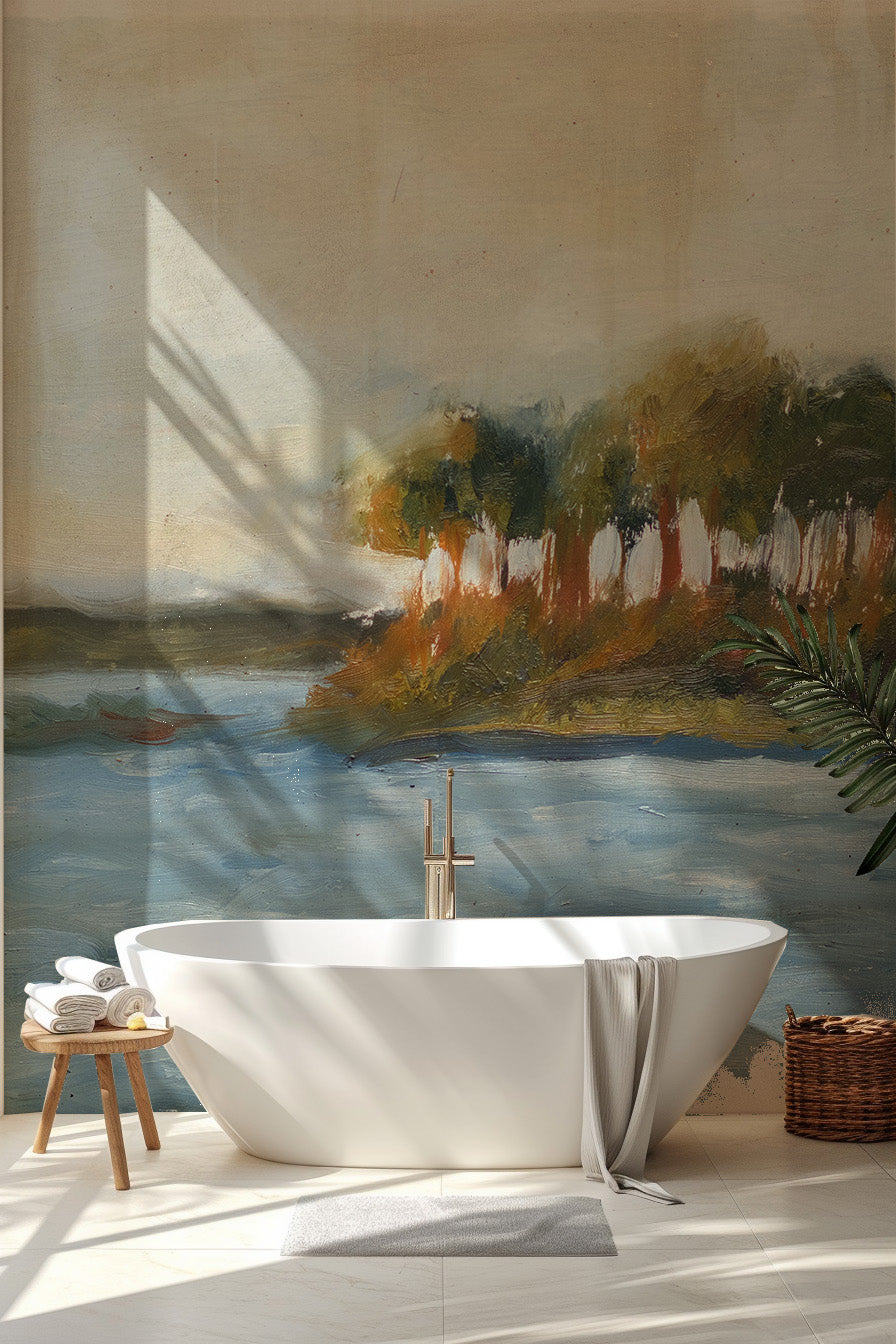 Papier peint panoramique Terre de Cuivre installé dans une salle de bain contemporaine.