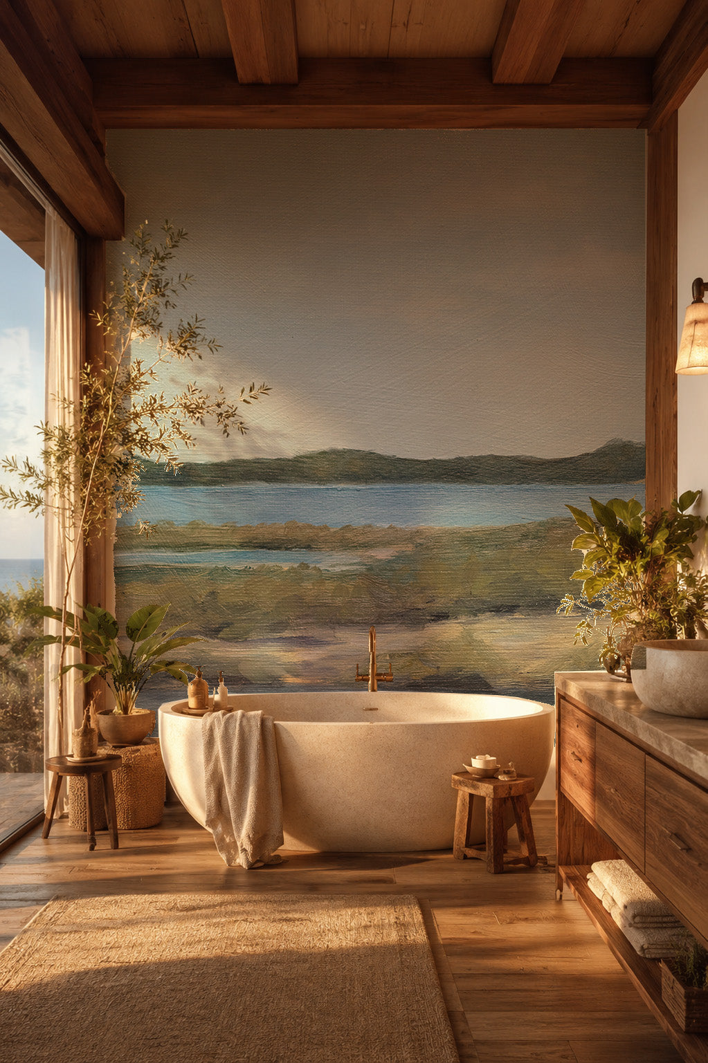 Papier peint panoramique Entre Terre et Eau installé dans une salle de bains contemporaine.