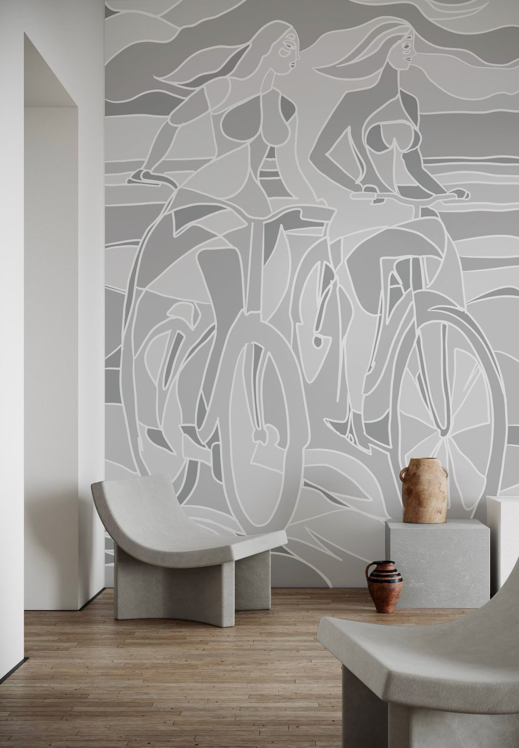 Papier peint panoramique Balade à bicyclettes installé dans un salon contemporain. 