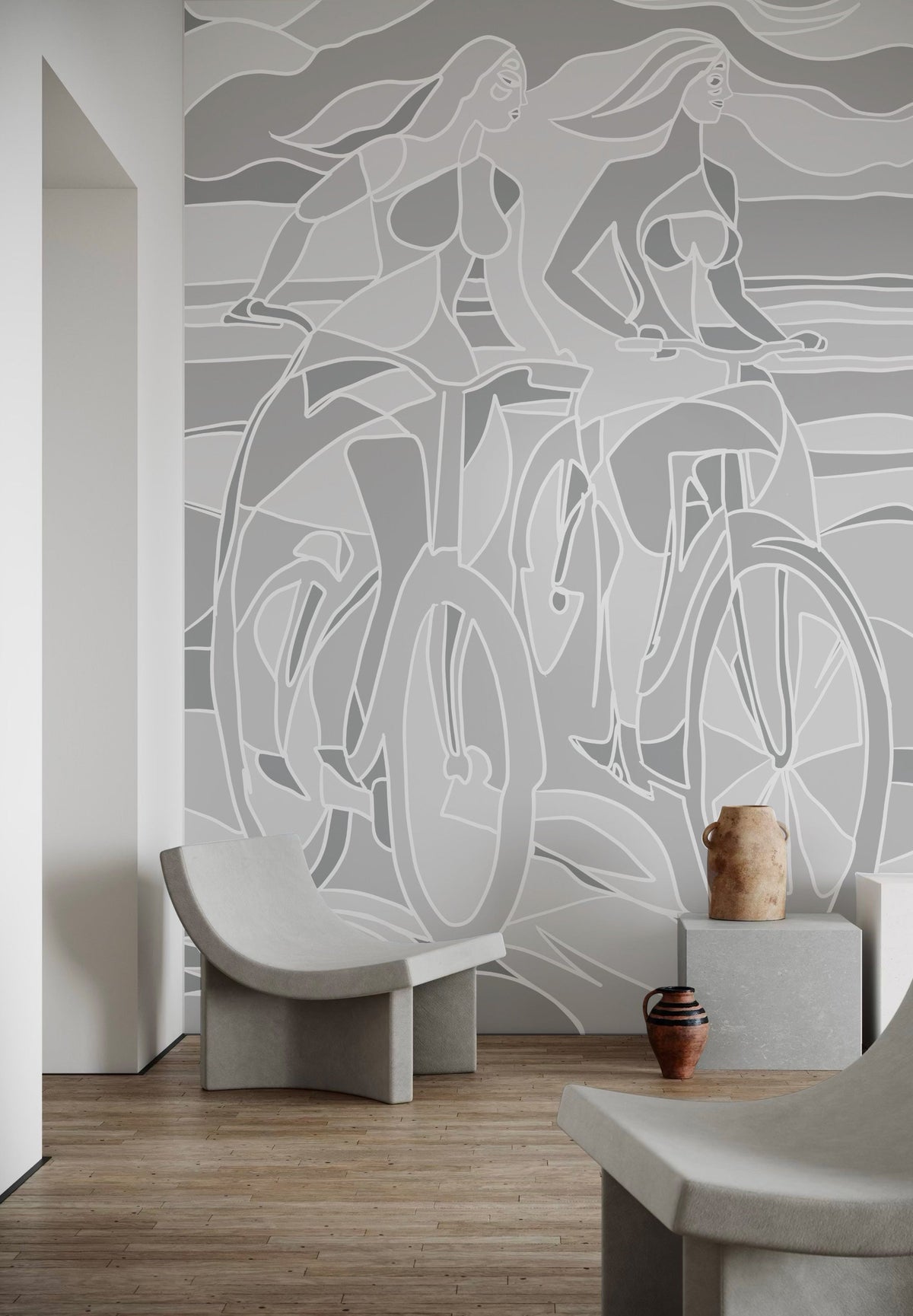 Papier peint panoramique Balade à bicyclettes installé dans un salon contemporain. 