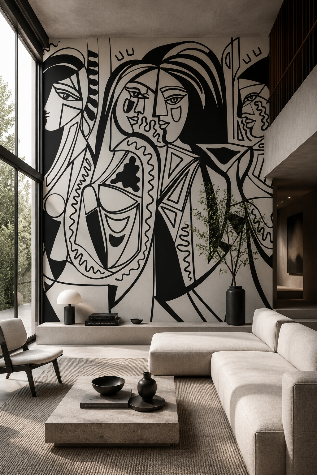 Papier peint panoramique Femmes et facettes noir et blanc installé dans un salon contemporain. 