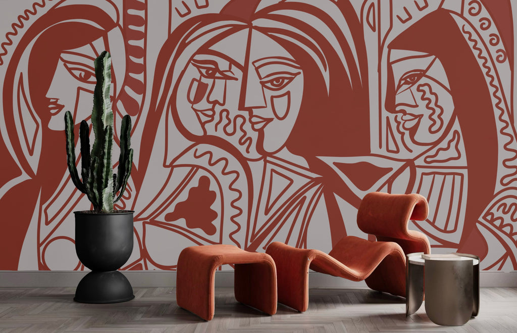 Papier peint panoramique Femmes et facettes rouge installé dans un salon contemporain.