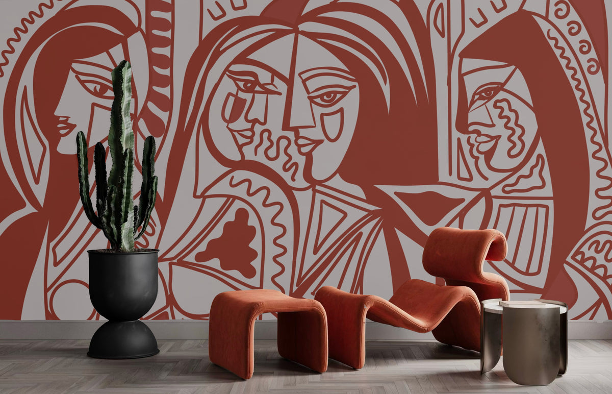 Papier peint panoramique Femmes et facettes rouge installé dans un salon contemporain.