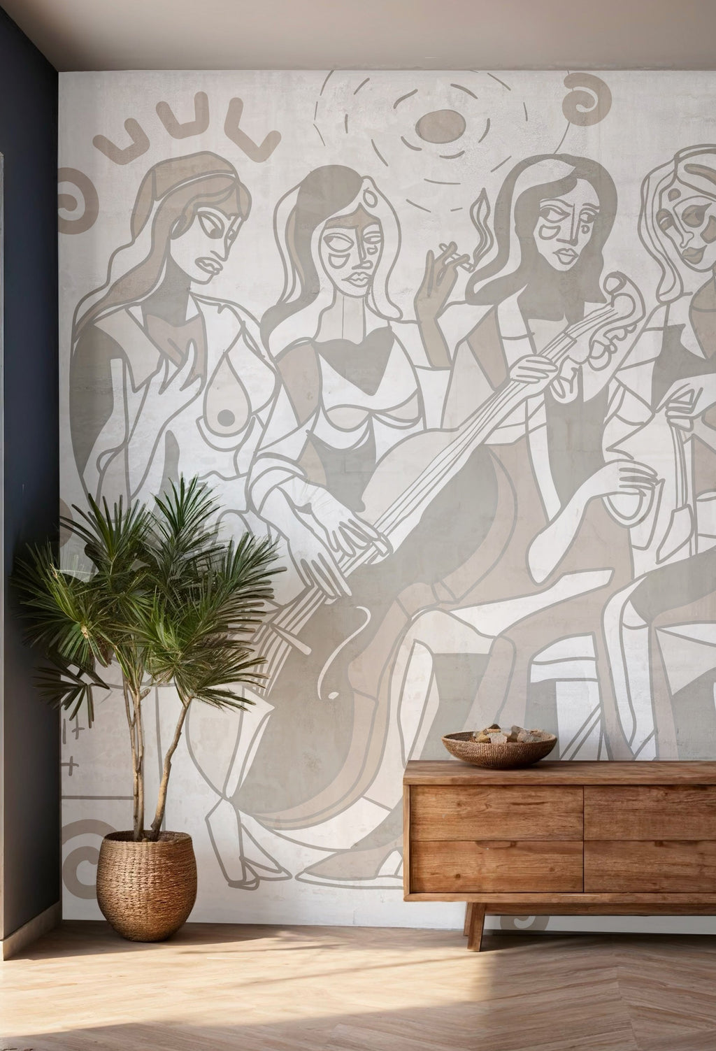 Papier peint panoramique Jazz 90 beige installé dans un salon lumineux. 