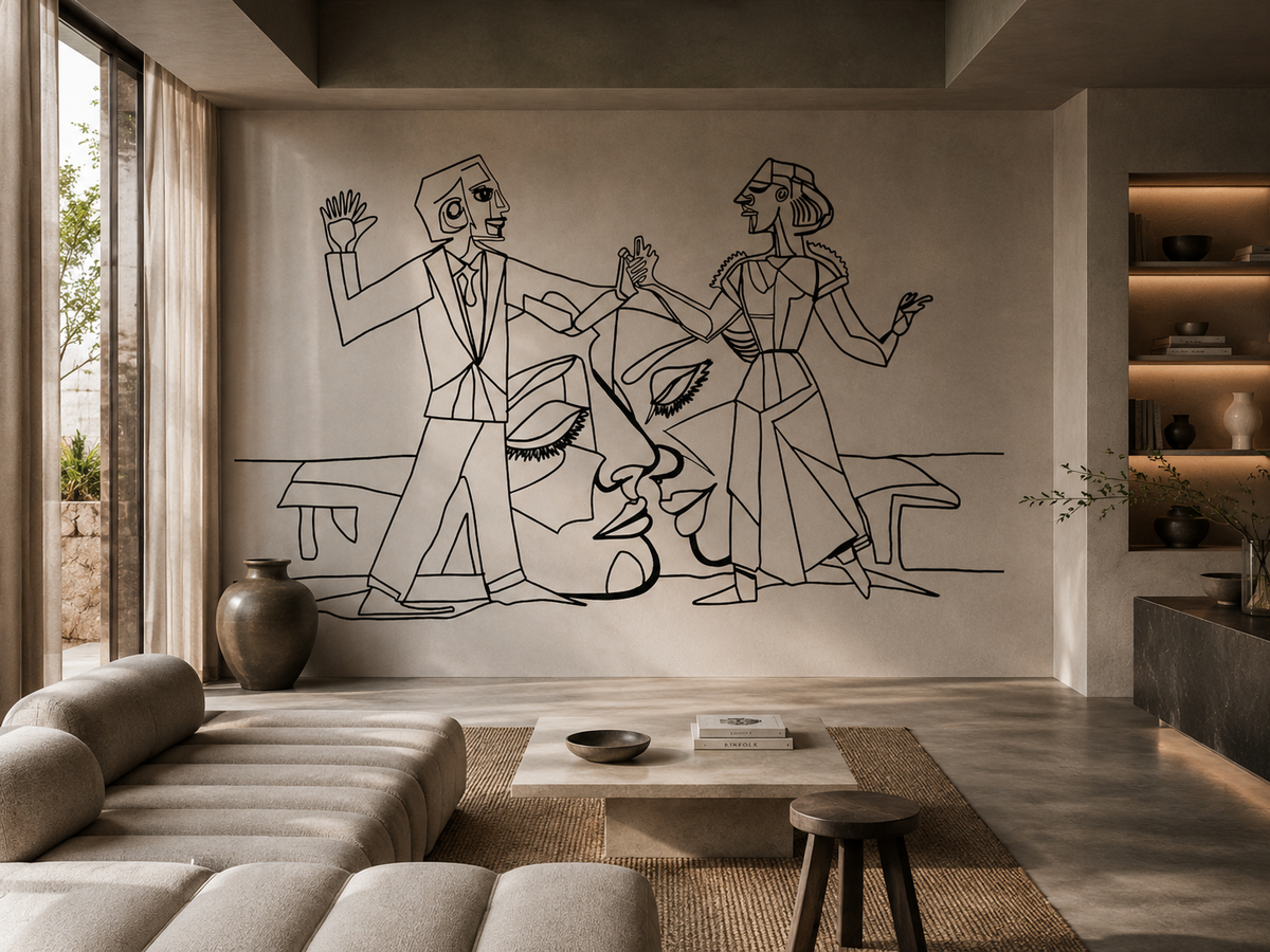 Papier peint panoramique L'essence de l'amour noir et blanc installé dans un salon moderne. 