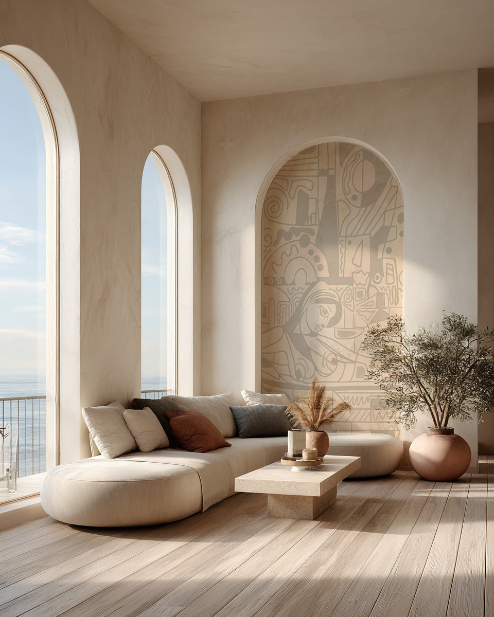Papier peint panoramique Ondes silencieuses installé dans un salon moderne.
