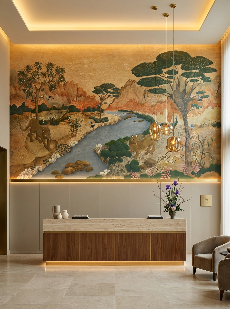Papier peint panoramique Paradis moghol installé dans un salon haut de gamme.