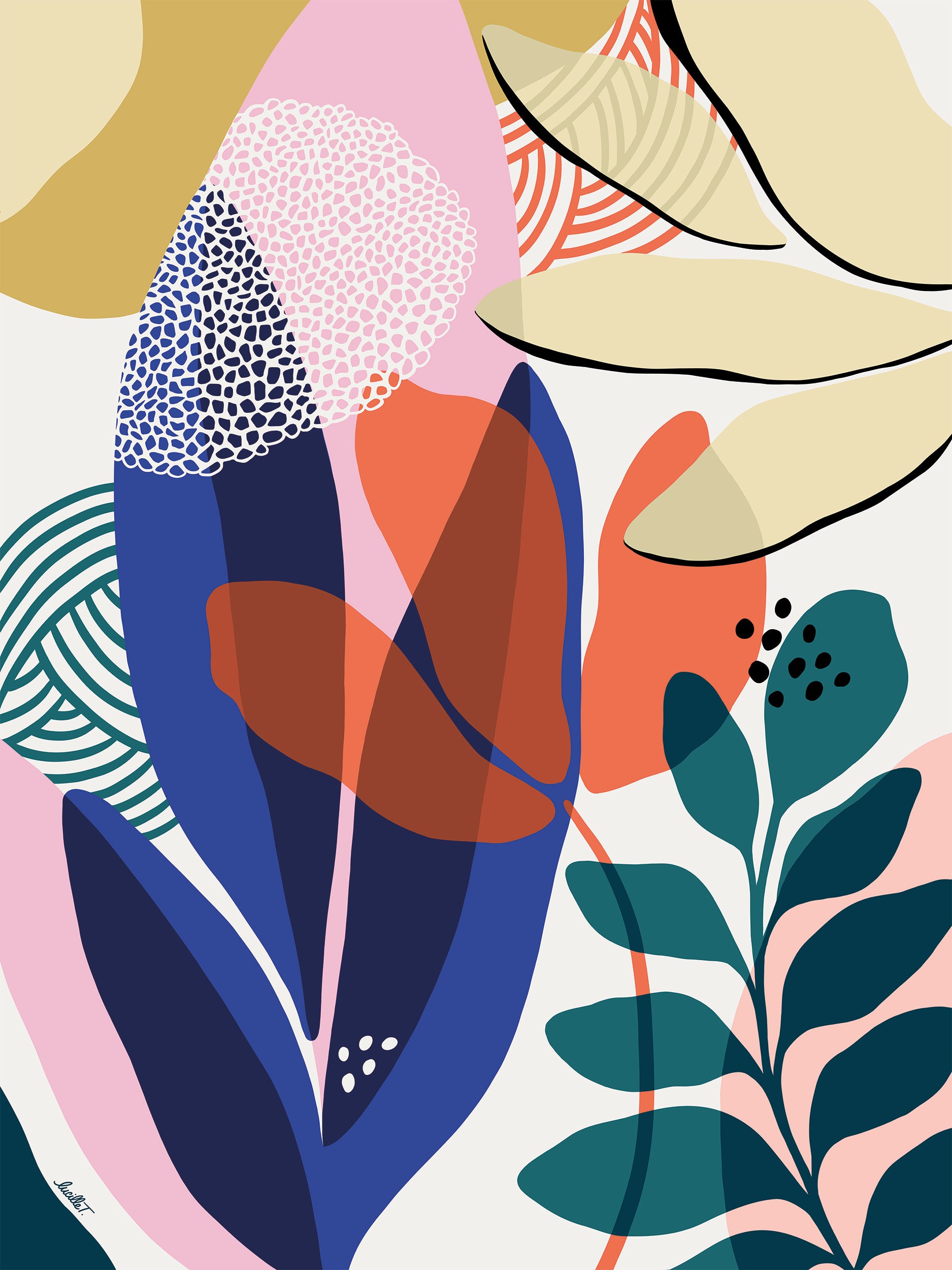 Papier peint panoramique Végétation abstraite de Lucille T représentant une composition végétale abstraite aux formes organiques et aux couleurs contemporaines.