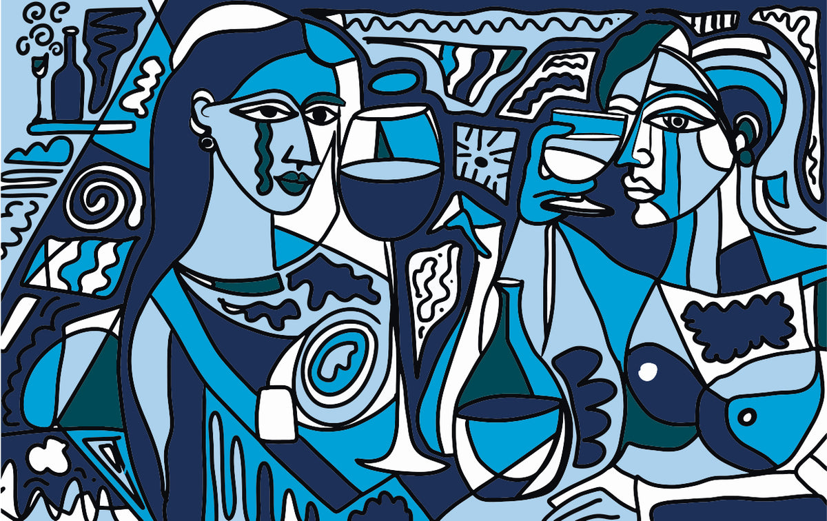 Papier peint panoramique Vin Rouge de Zontone représentant deux visages féminins entourés de verres de vin, de carafes et de fruits.