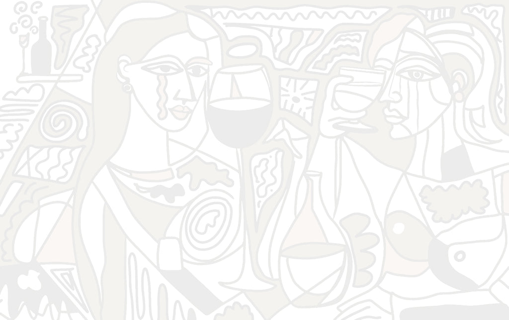 Papier peint panoramique Vin Rouge de Zontone représentant deux visages féminins entourés de verres de vin, de carafes et de fruits.