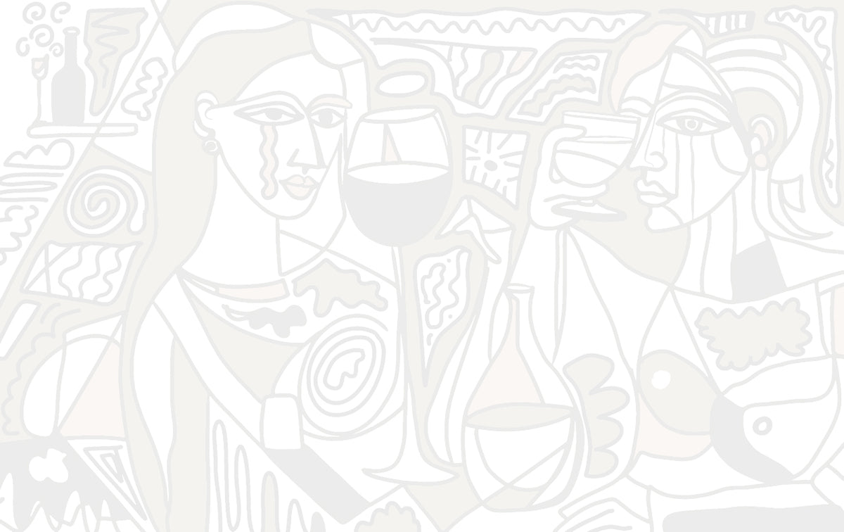 Papier peint panoramique Vin Rouge de Zontone représentant deux visages féminins entourés de verres de vin, de carafes et de fruits.