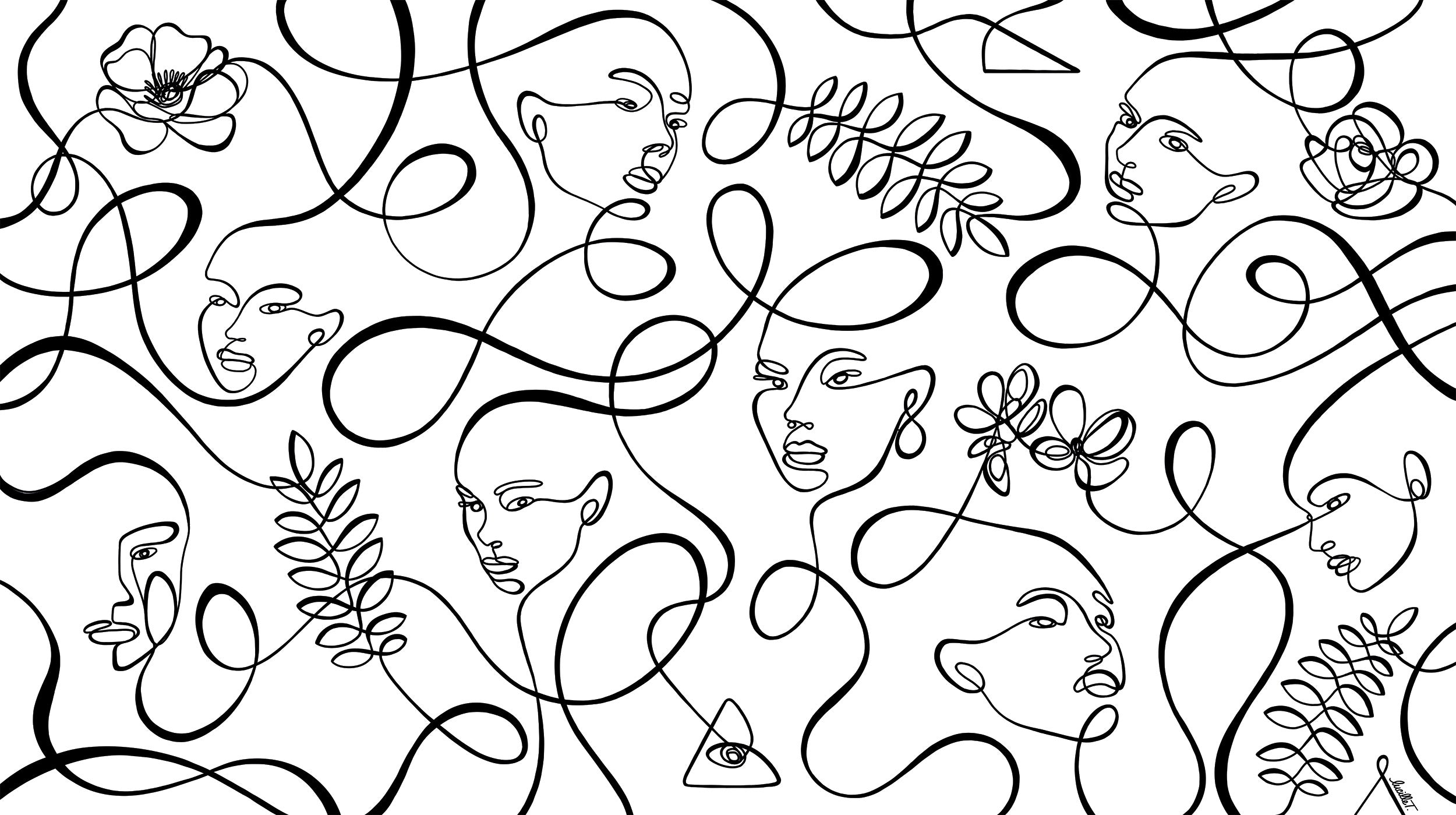 Papier peint panoramique Visages de Lucille T représentant une composition de visages abstraits dessinés en ligne continue.