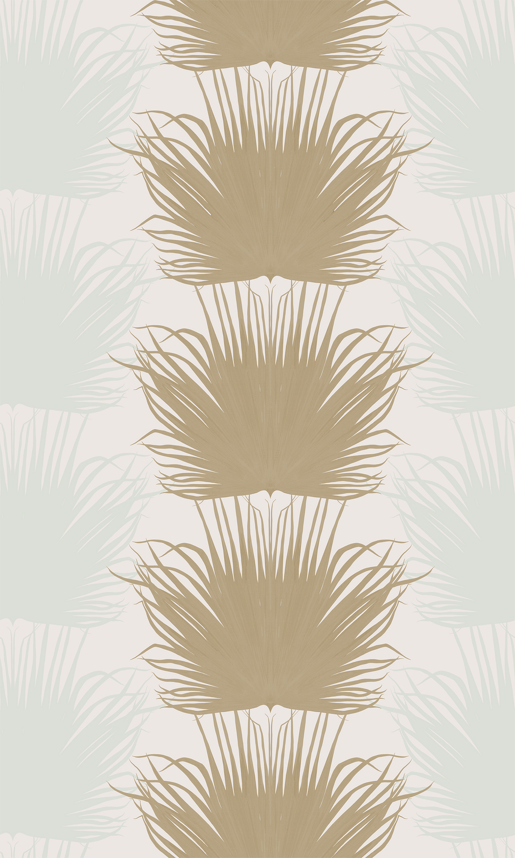 Papier peint Tissages Sauvages blanc d'Amélie Noel représentant un motif répétitif de palmes dorées et vert d'eau sur fond crème.
