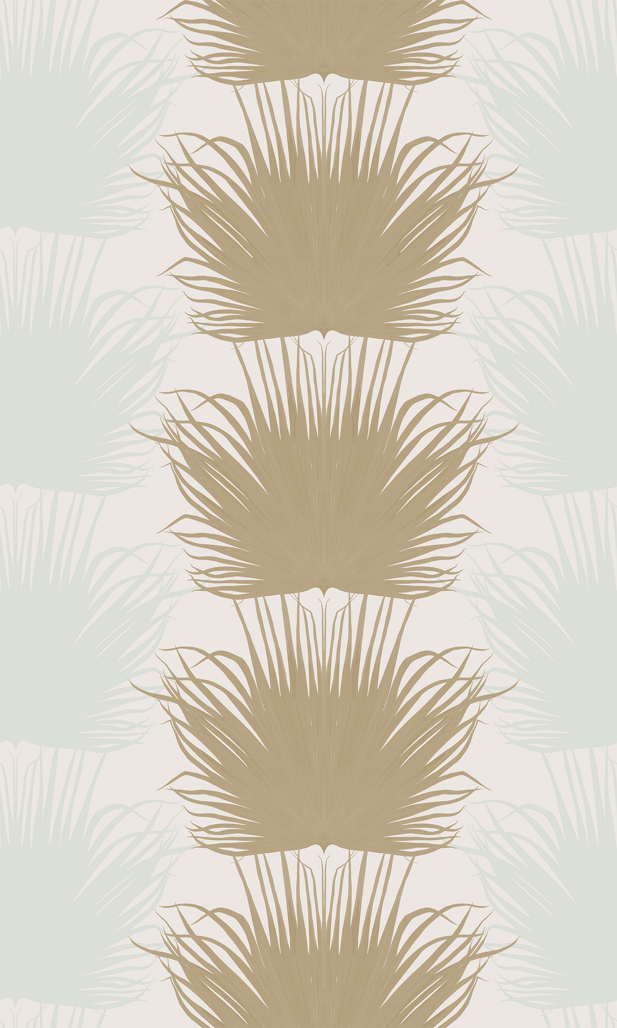 Papier peint Tissages Sauvages blanc d'Amélie Noel représentant un motif répétitif de palmes dorées et vert d'eau sur fond crème.