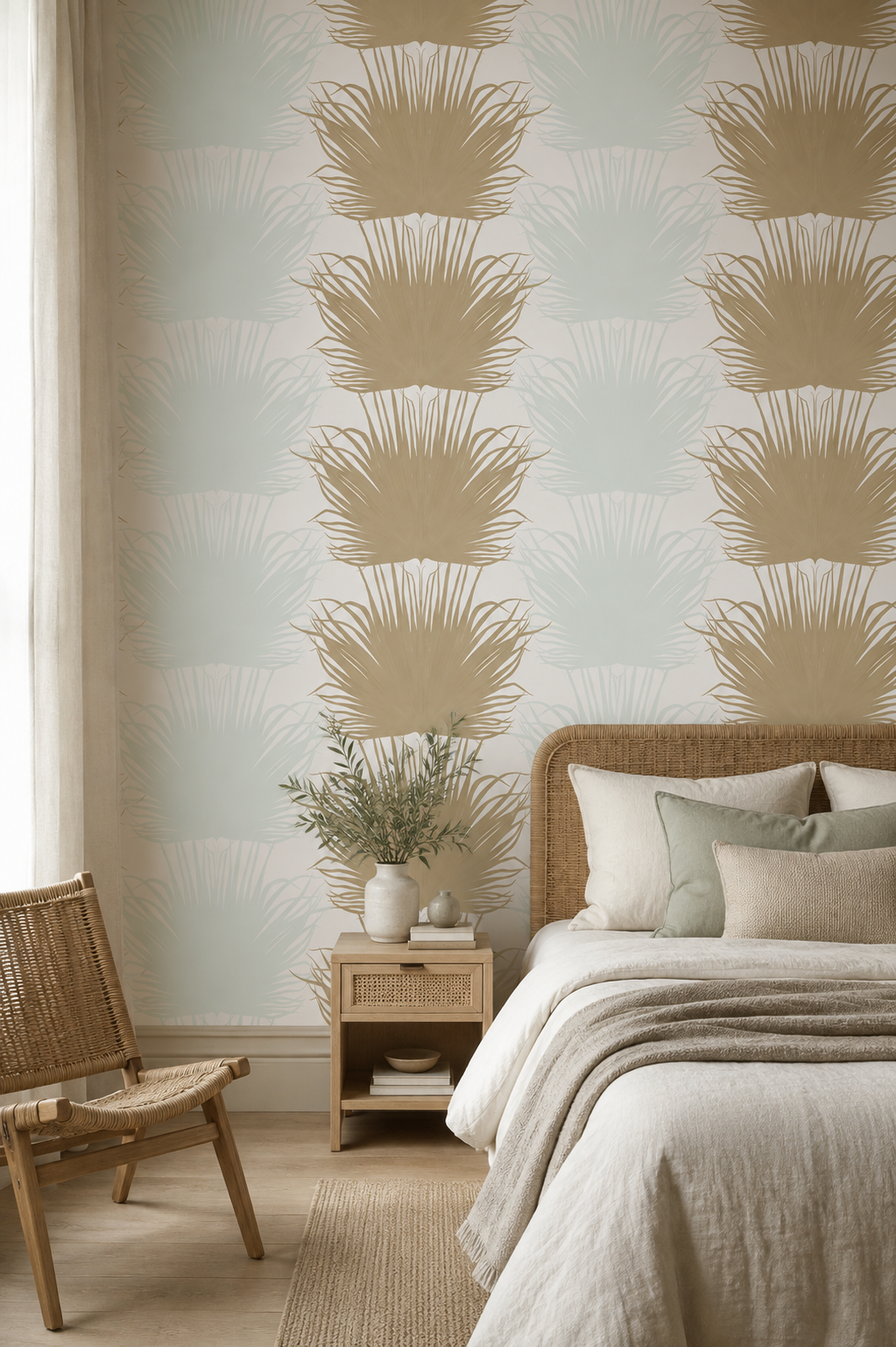 Papier peint Tissages Sauvages installé dans une chambre contemporaine.