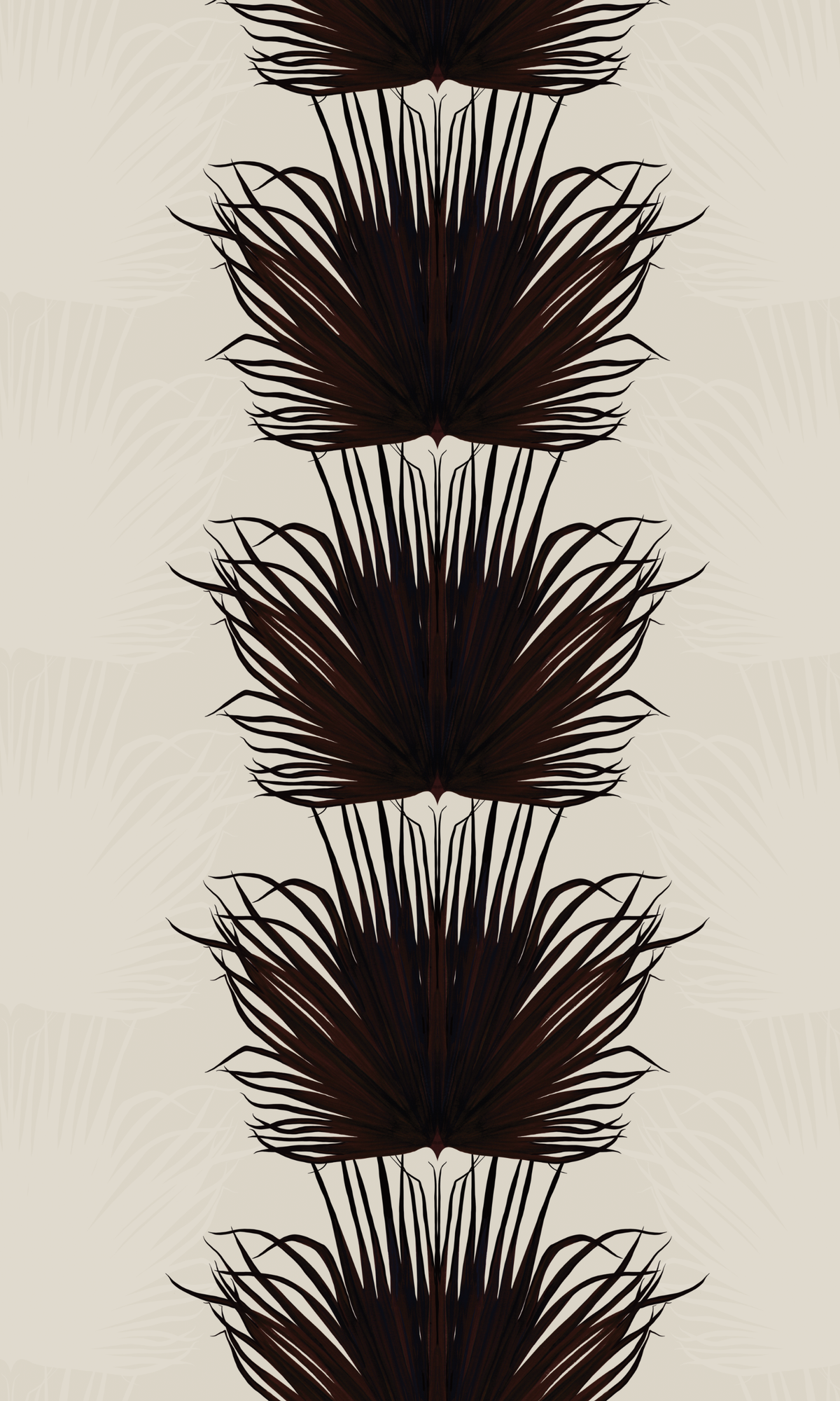Papier peint Tissages Sauvages d'Amélie Noel représentant un motif répétitif de palmes marrons et blanches sur fond gris.