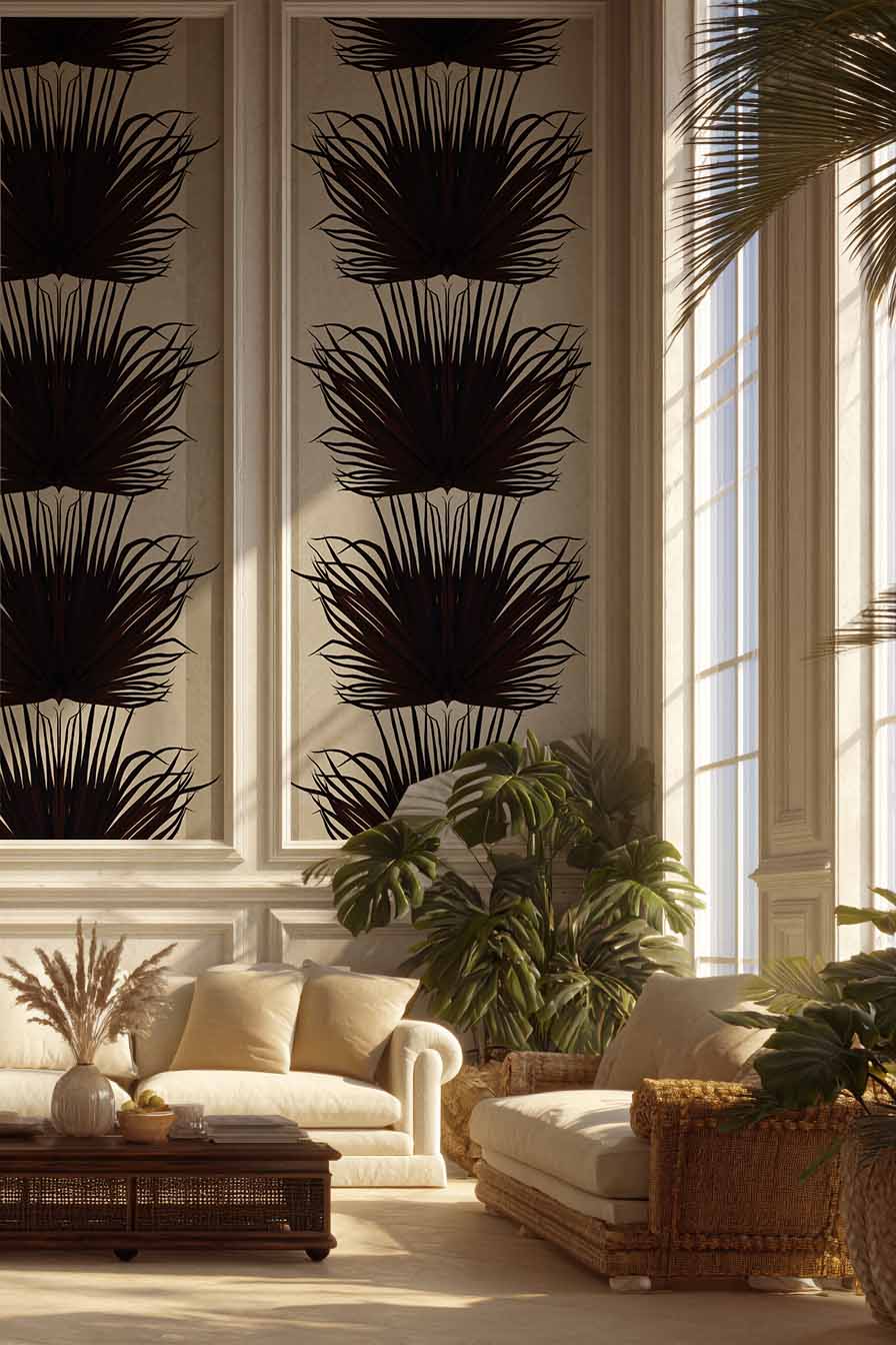 Papier peint Tissages Sauvages installé dans un salon contemporain.