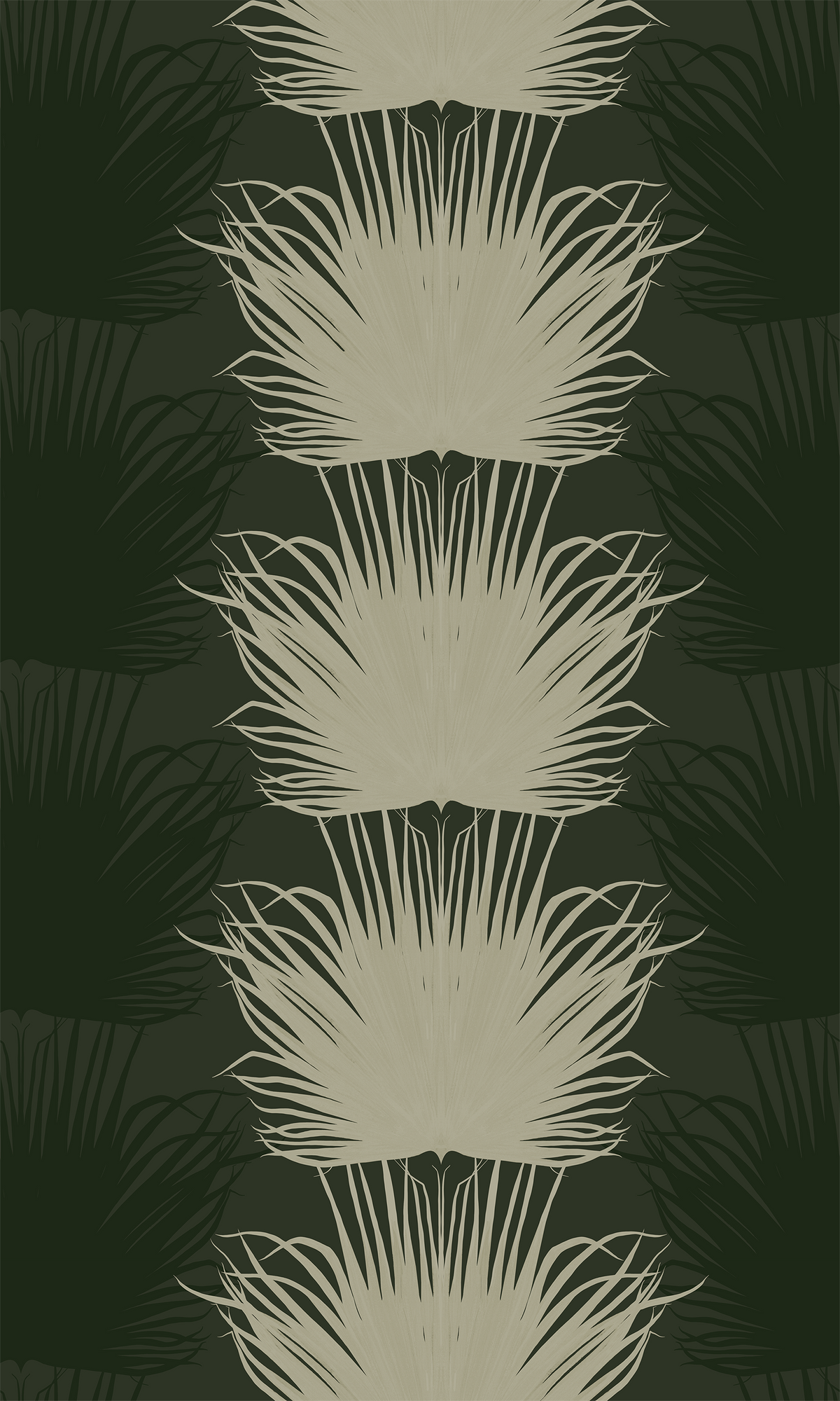 Papier peint Tissages Sauvages vert d'Amélie Noel représentant un motif répétitif de palmes blanches et vert forêt sur fond vert.