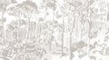 Papier peint panoramique Ensemble de Nada Matta représentant une forêt de pins aux troncs élancés dans un camaïeu de gris et blanc.
