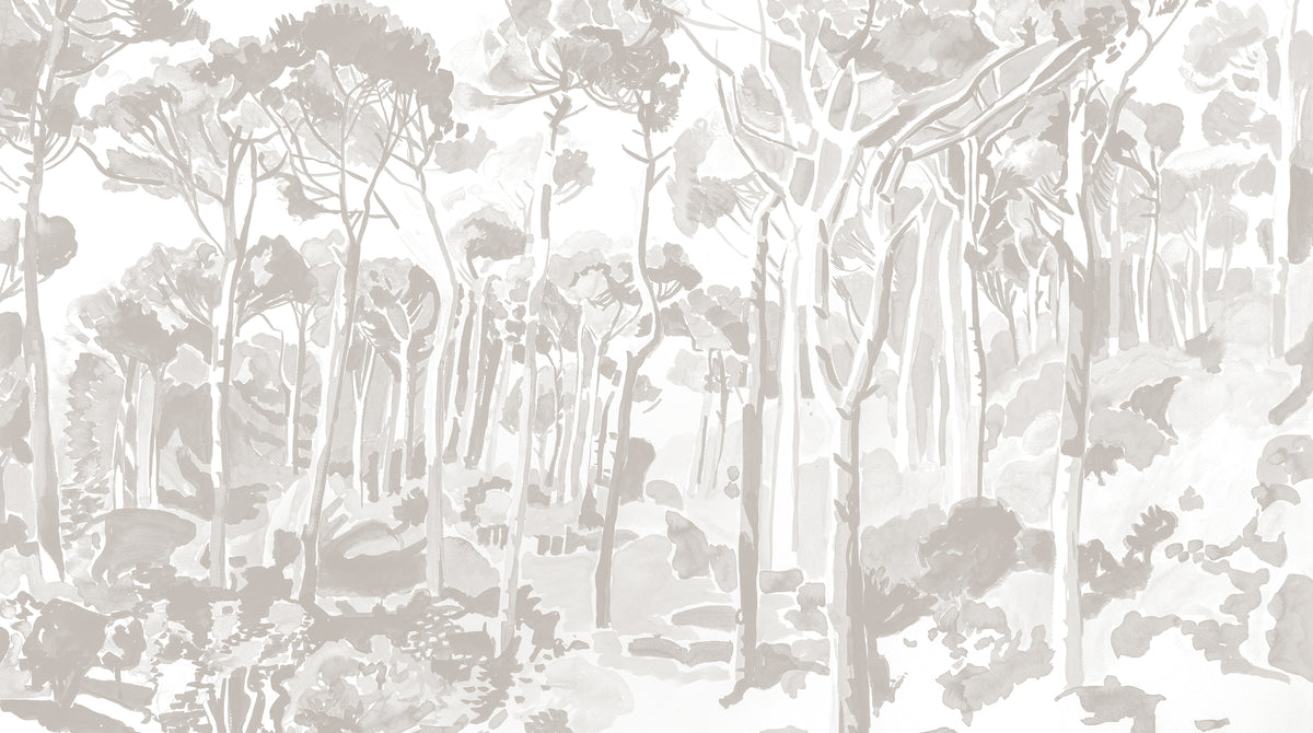 Papier peint panoramique Ensemble de Nada Matta représentant une forêt de pins aux troncs élancés dans un camaïeu de gris et blanc.